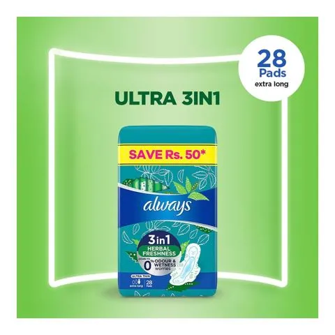 Always 3in1 Herbal Freshness Ultra Thin Extra Long Pads, 28-Pack, Save Rs.50/-